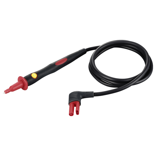 Schwarz-rotes Multimetermesskabel mit einer Prüfspitze und einem abgewinkelten Steckerende, zur Messung elektrischer Spannungen.
